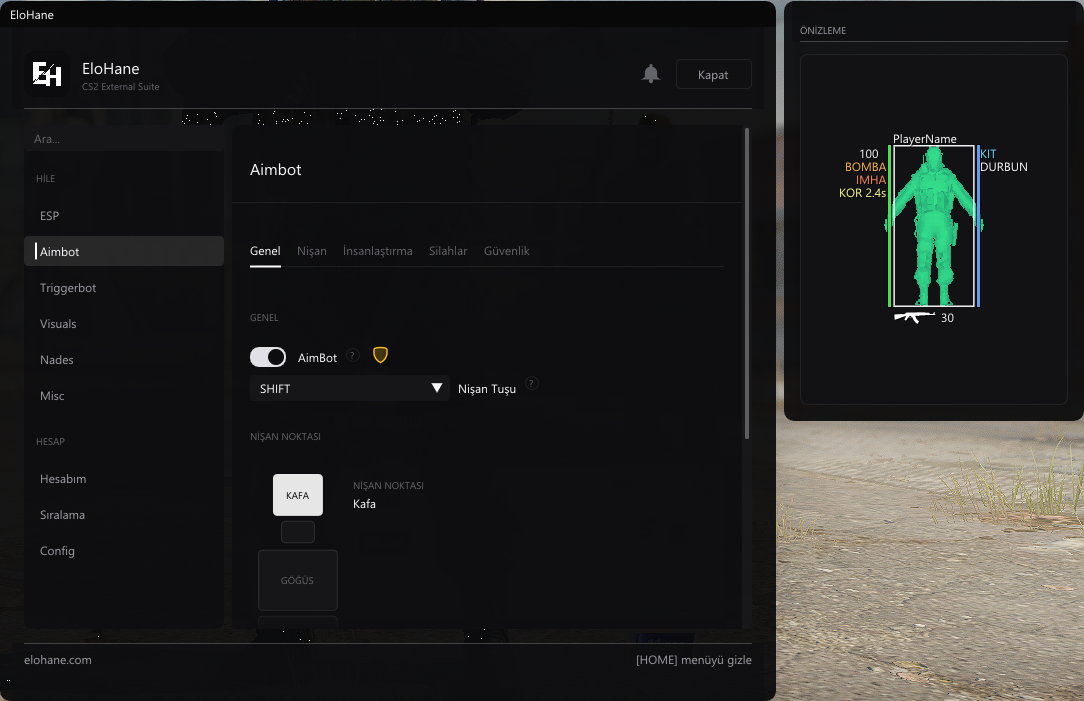 EloHane Aimbot ayar menüsü